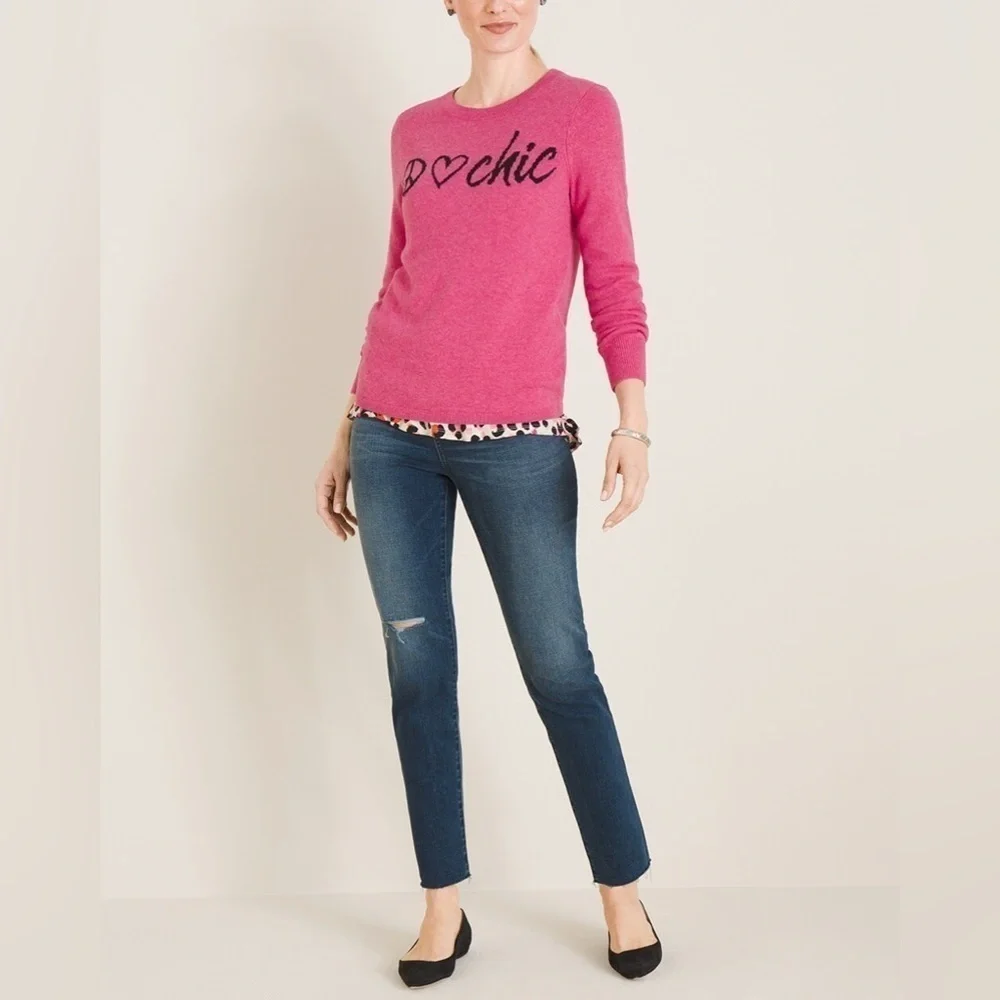 Chicos Womens Sweater Sz 2 Large Pink Wool Cashmere Blend Knit Peace Love Chic